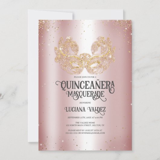 Masquerade Sparkly Gold Glitter Silver Quinceañera Kaart (Voorkant)
