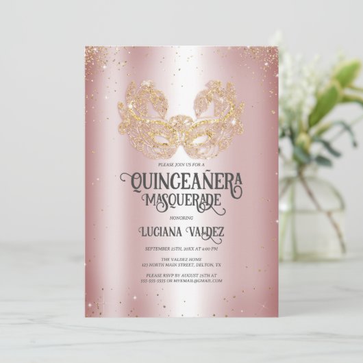 Masquerade Sparkly Gold Glitter Silver Quinceañera Kaart (Staand voorkant)