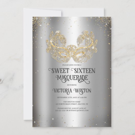 Masquerade Sparkly Gold Glitter Silver Sweet 16 Kaart (Voorkant)