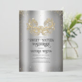 Masquerade Sparkly Gold Glitter Silver Sweet 16 Kaart (Staand voorkant)