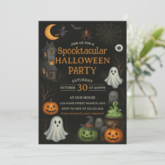 Masquerade Spooktacular Halloweenfeest Uitnodiging (Staand voorkant)