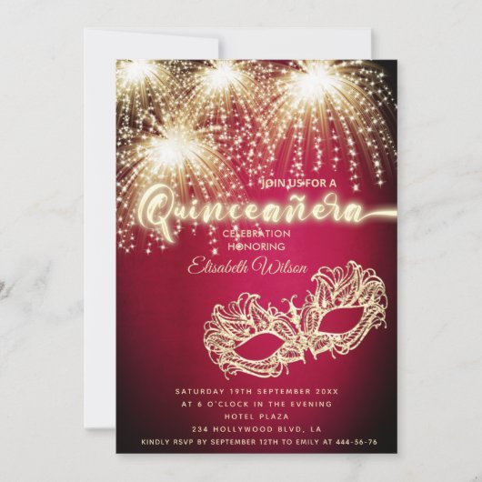 Masquerade sprankelend vuurwerk luxe Quinceañera Kaart (Voorkant)