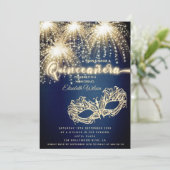 Masquerade sprankelend vuurwerk luxe Quinceañera Kaart (Staand voorkant)