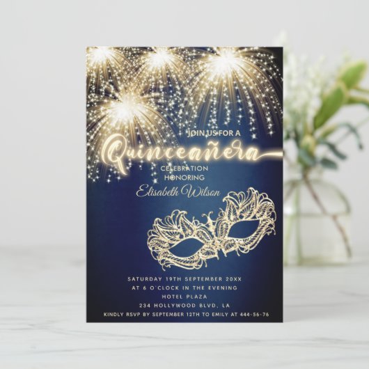Masquerade sprankelend vuurwerk luxe Quinceañera Kaart (Staand voorkant)