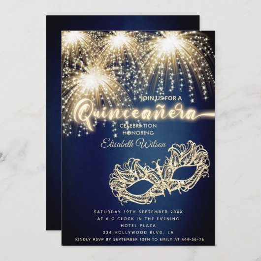 Masquerade sprankelend vuurwerk luxe Quinceañera Kaart (Voorkant / Achterkant)