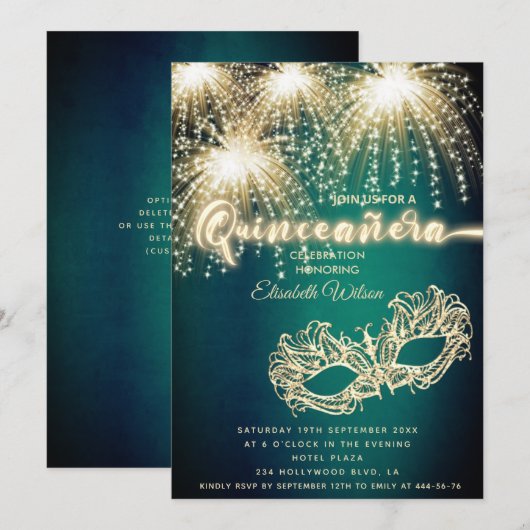 Masquerade sprankelend vuurwerk luxe Quinceañera Kaart (Voorkant / Achterkant)