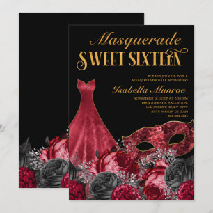 Masquerade Sweet 16 Black Red Gold 16th Birthday Kaart