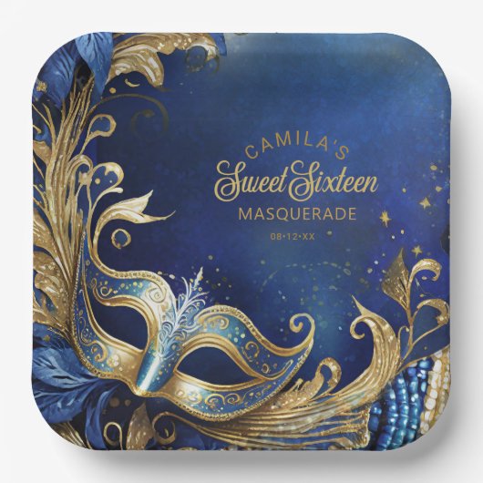 Masquerade Sweet 16 Blauw Goud ID1032 Papieren Bordje (Voorkant)
