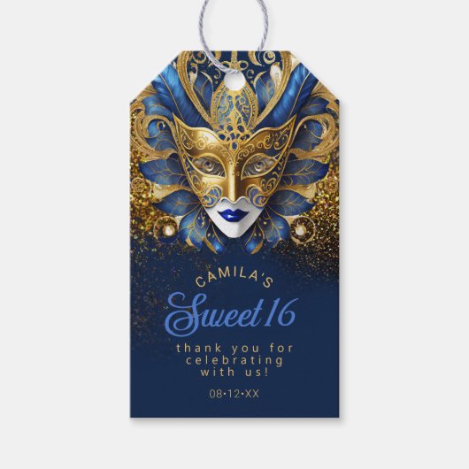 Masquerade Sweet 16 Blauw Goud V2 ID1032 Cadeaulabel (Voorkant)