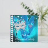 Masquerade Sweet 16 Blauwgroen Black Feather Mask  Kaart (Staand voorkant)