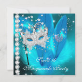 Masquerade Sweet 16 Blauwgroen Black Feather Mask  Kaart (Voorkant)