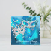 Masquerade Sweet 16 Blauwgroen Blue Feather Mask 3 Kaart (Staand voorkant)