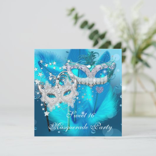 Masquerade Sweet 16 Blauwgroen Blue Feather Mask 3 Kaart (Staand voorkant)