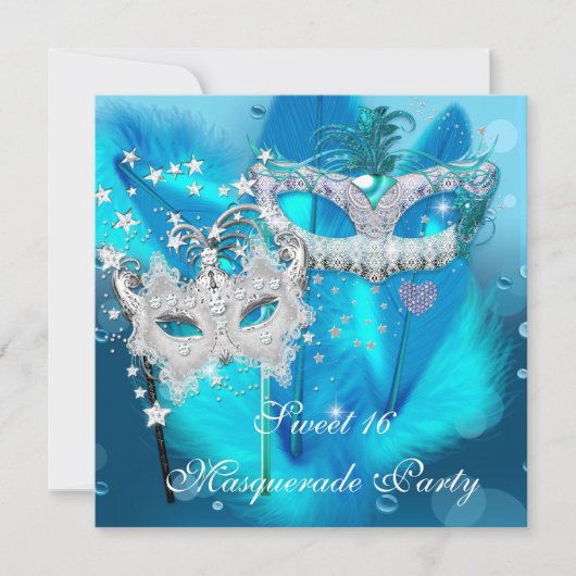 Masquerade Sweet 16 Blauwgroen Blue Feather Mask 3 Kaart (Voorkant)