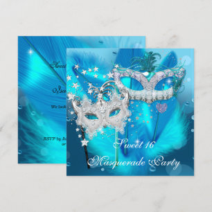 Masquerade Sweet 16 Blauwgroen Blue Feather Mask 3 Kaart