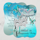 Masquerade Sweet 16 Blauwgroen Mint Diamond Masker Kaart (Voorkant / Achterkant)
