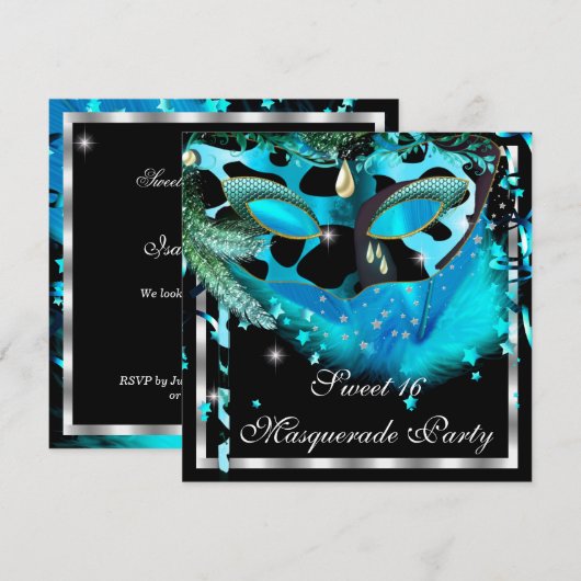 Masquerade Sweet 16 Blauwgroen zwart doezelmasker  Kaart (Voorkant / Achterkant)