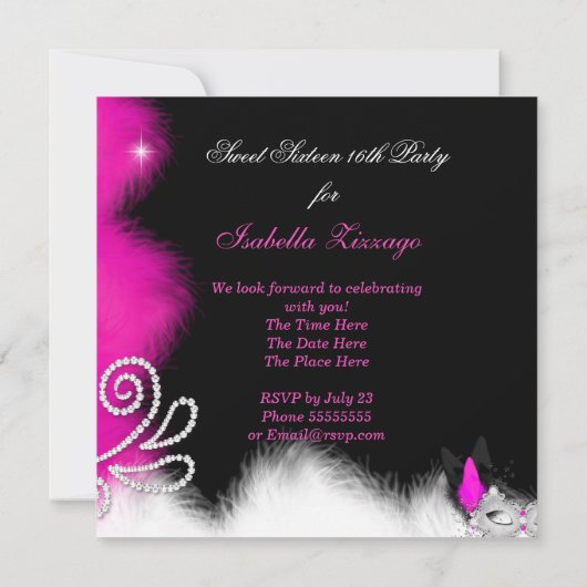 Masquerade Sweet 16 Hot Pink Black doethermasker 2 Kaart (Achterkant)