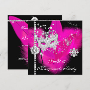 Masquerade Sweet 16 Hot Pink Zwarte Veer Masker Kaart