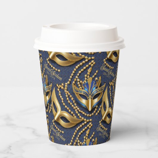 Masquerade Sweet 16 Kralen Maskers Blauw ID1032 Papieren Bekers (Achterkant)