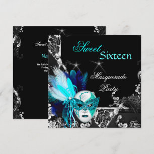 Masquerade Sweet 16 Mask Teal Blauw Zwart Feest Kaart