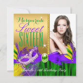 Masquerade Sweet 16 Paars Green Gold Feather Mask Kaart (Voorkant)