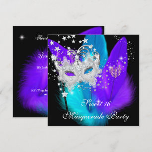 Masquerade Sweet 16 Paars Teal Zwart Veer Masker Kaart