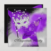 Masquerade Sweet 16 Paars White Feather Mask Kaart (Voorkant / Achterkant)