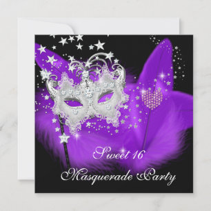 Masquerade Sweet 16 Paars Zwarte Veer Masker Kaart