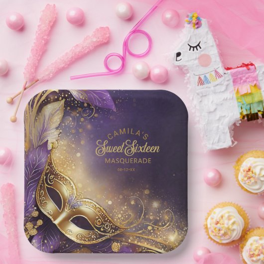 Masquerade Sweet 16 Paarse Goud ID1032 Papieren Bordje (Feest)