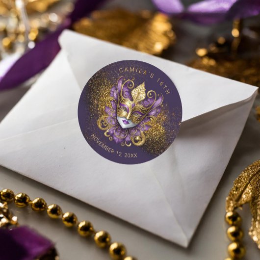 Masquerade Sweet 16 Paarse Goud V2 ID1032 Ronde Sticker