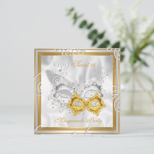 Masquerade Sweet 16 Party Mask Silver Gold 2 Kaart (Staand voorkant)