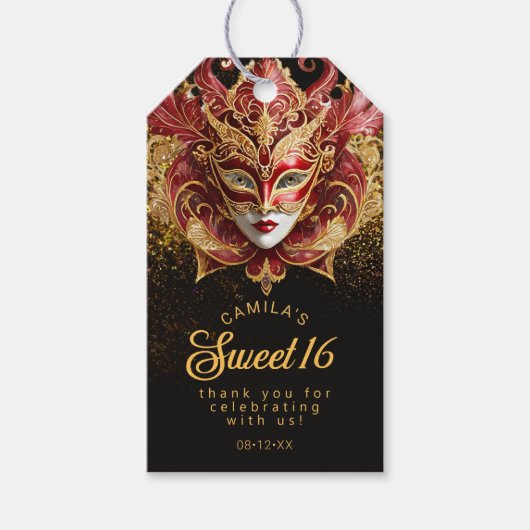 Masquerade Sweet 16 Rood Goud V2 ID1032 Cadeaulabel (Voorkant)