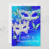 Masquerade Sweet 16 Teal Blauwe Diamanten Masker Kaart (Voorkant)