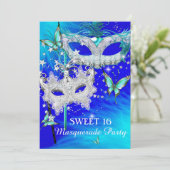 Masquerade Sweet 16 Teal Blauwe Diamanten Masker Kaart (Staand voorkant)