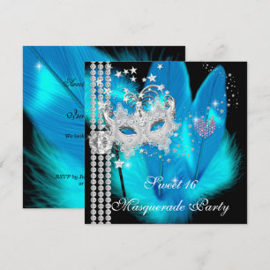 Masquerade Sweet 16 Teal Zwarte Veer Masker Kaart