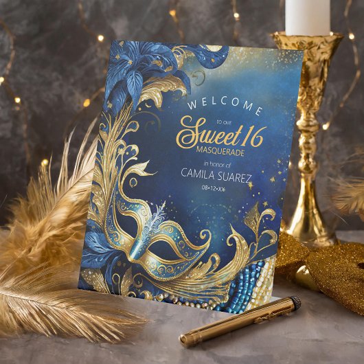Masquerade Sweet 16 Welkom Blauw Goud ID1032 Reclamebord Met Voetstuk