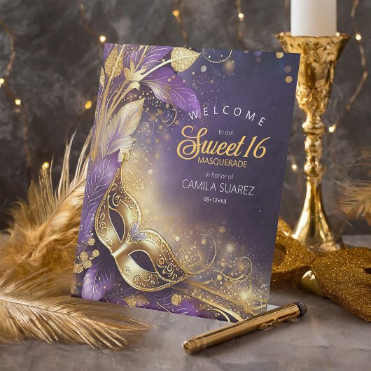 Masquerade Sweet 16 Welkom Paarse Gold ID1032 Reclamebord Met Voetstuk