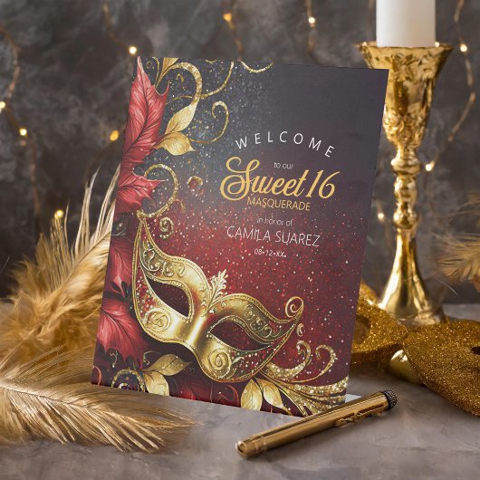 Masquerade Sweet 16 Welkom Rood Goud ID1032 Reclamebord Met Voetstuk