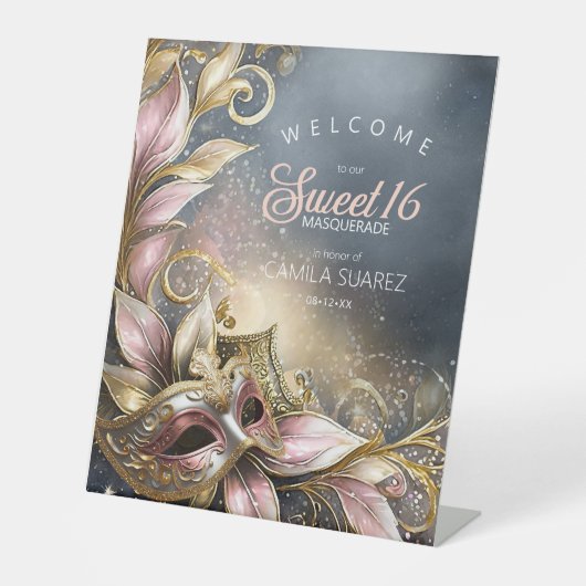 Masquerade Sweet 16 Welkom Roos Gold ID1032 Reclamebord Met Voetstuk (Voorkant)