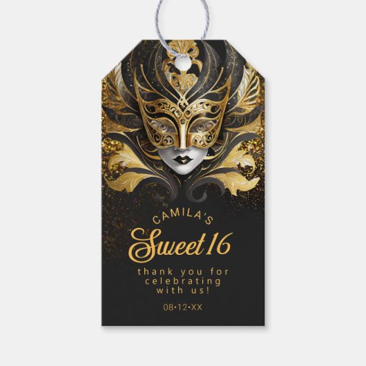 Masquerade Sweet 16 Zwart Goud V2 ID1032 Cadeaulabel (Voorkant)