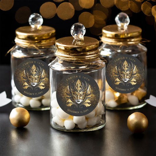 Masquerade Sweet 16 Zwart Goud V2 ID1032 Ronde Sticker