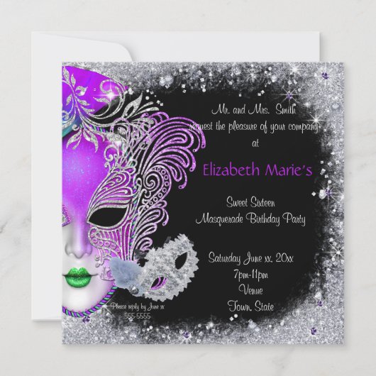 Masquerade, Sweet Sixteen, Glitter Invitation Kaart (Voorkant)