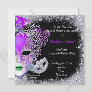 Masquerade, Sweet Sixteen, Glitter Invitation Kaart