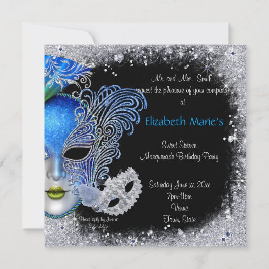 Masquerade, Sweet Sixteen, Glitter Invitation Kaart (Voorkant)