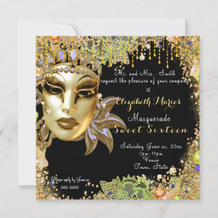 Masquerade, Sweet Sixteen, Gold Glitter Lace Kaart