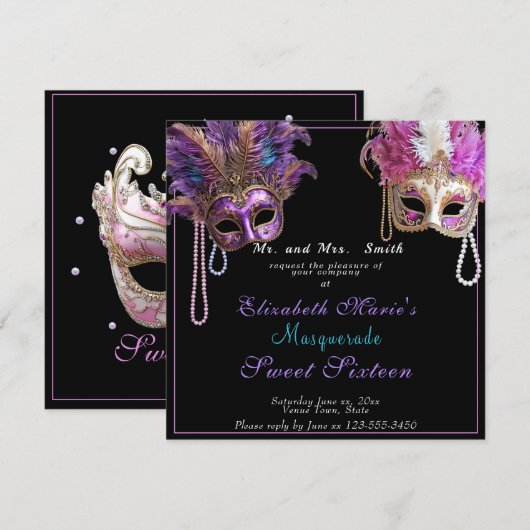 Masquerade Sweet Sixteen Pink Gold Pearls Kaart (Voorkant / Achterkant)
