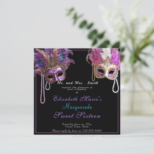 Masquerade Sweet Sixteen Pink Gold Pearls Kaart (Staand voorkant)