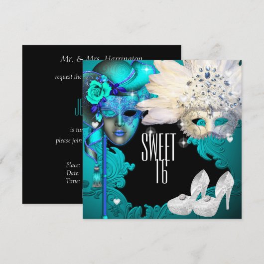 Masquerade, Sweet Sixteen, Quinceanera Uitnodiging (Voorkant / Achterkant)