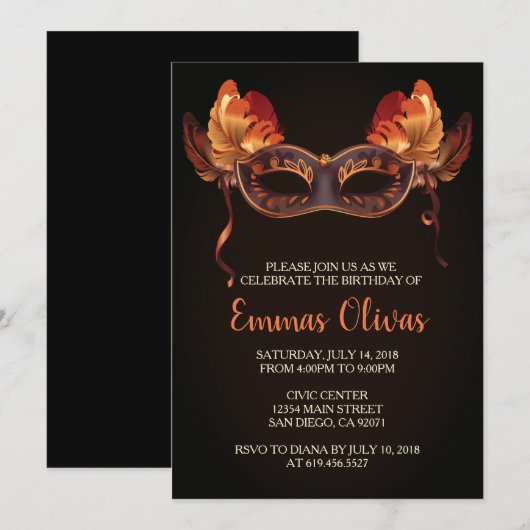 Masquerade-uitnodigingen, uitnodiging van de Ball (Voorkant / Achterkant)